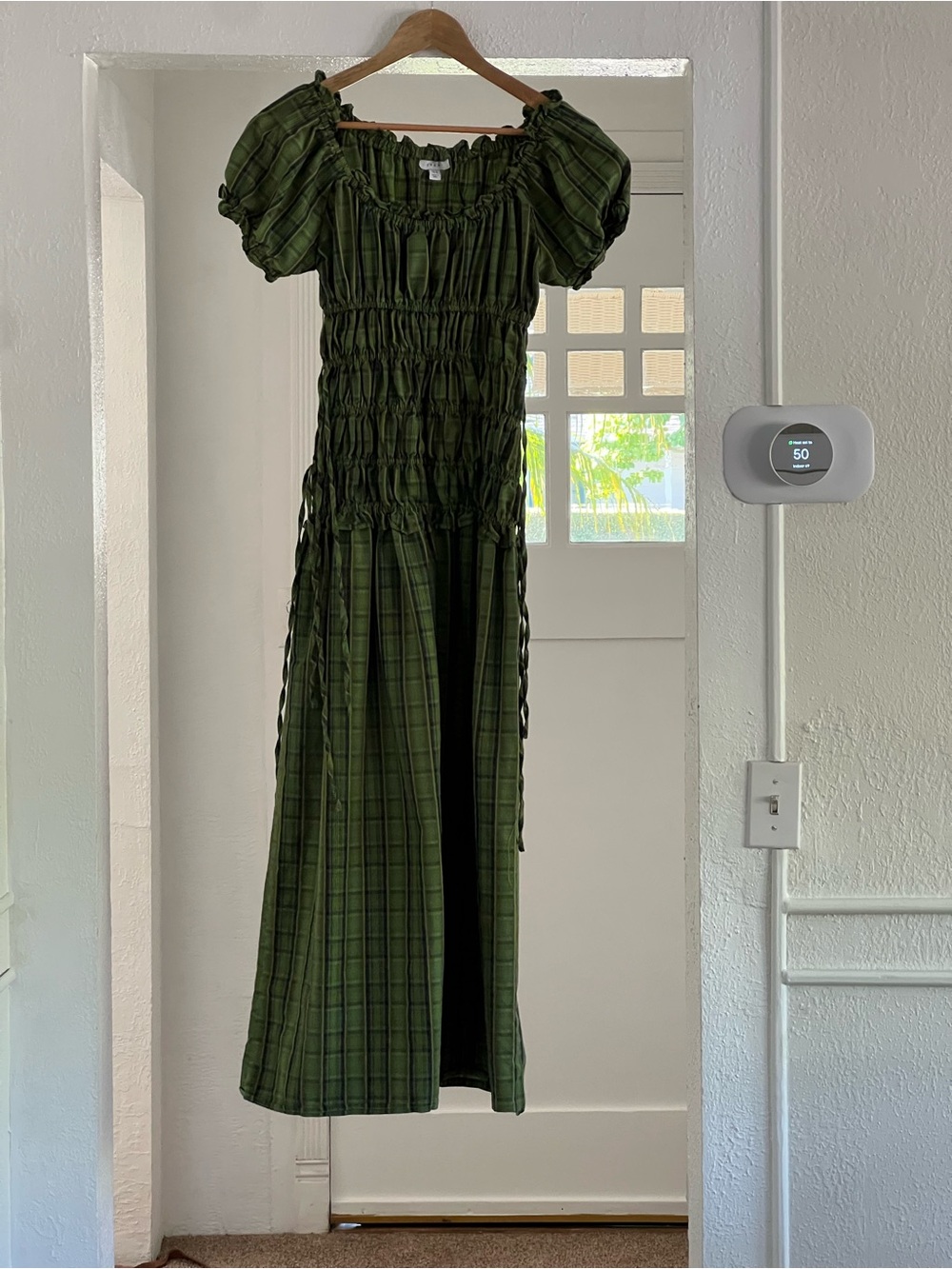 Topshop Olive Green Smocked Maxi Dress with Puff Sleeves